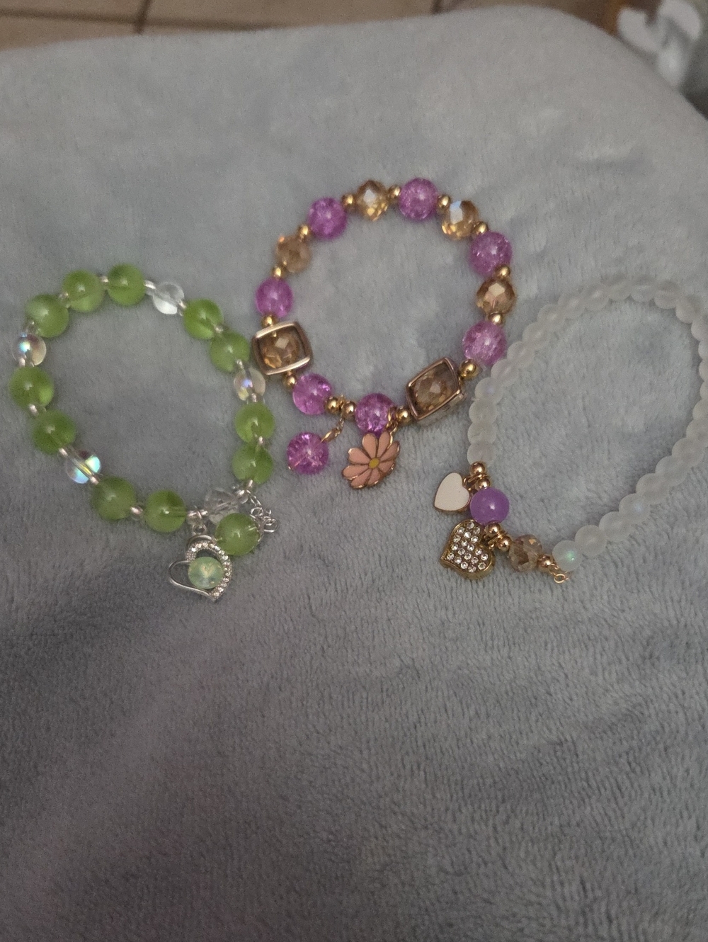 Beaded Charm Bracelet 3 Pc. Set - Pink, Green & White